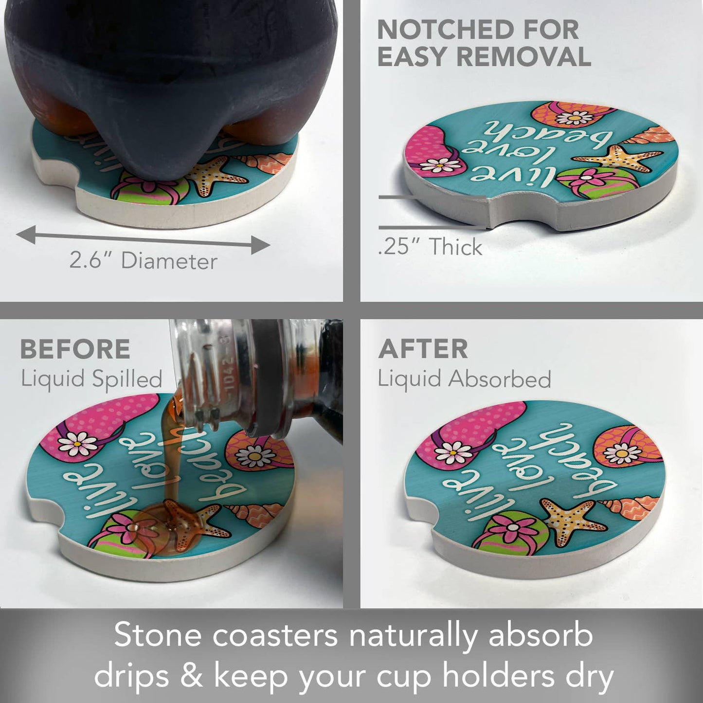 "Live Love Beach" 1-Pack Absorbent Stone Car Coaster