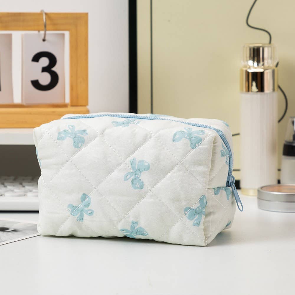 Quilted Cotton Bow Cosmetic Pouch Bag