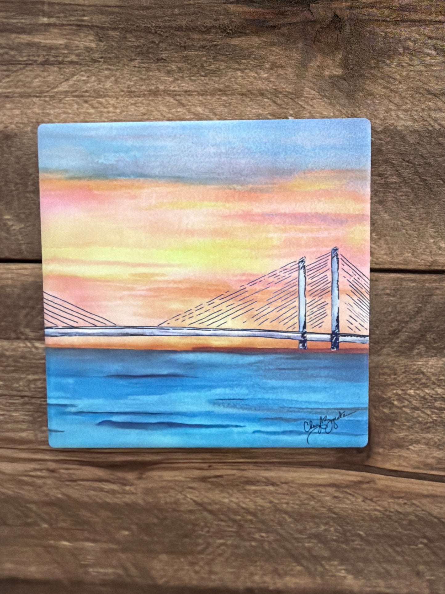 IR Bridge Sunrise Square Ceramic Coaster by Cheryl Zapata Art