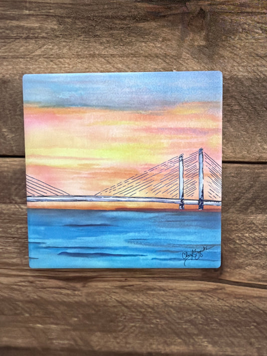 IR Bridge Sunrise Square Ceramic Coaster by Cheryl Zapata Art