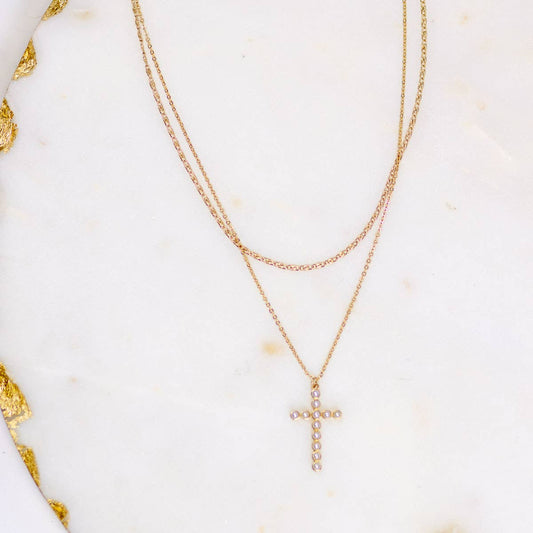 Pearl Cross Layered Necklace   Gold/White   15"/17"