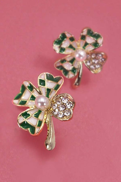 Shamrock checkered/rhinestine earring w/pearl