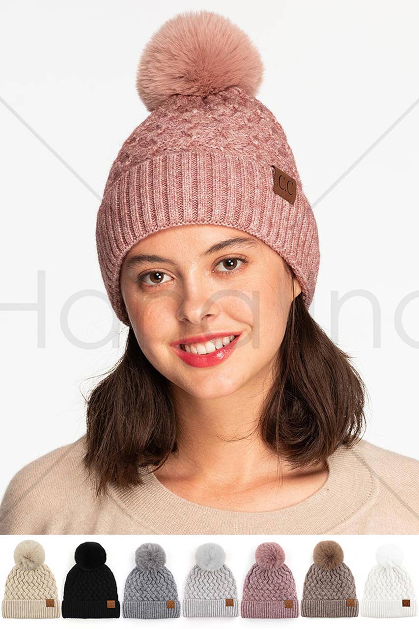 Taupe Woven Cable Stitch Cuff Soft Pom Beanie Winter Hat