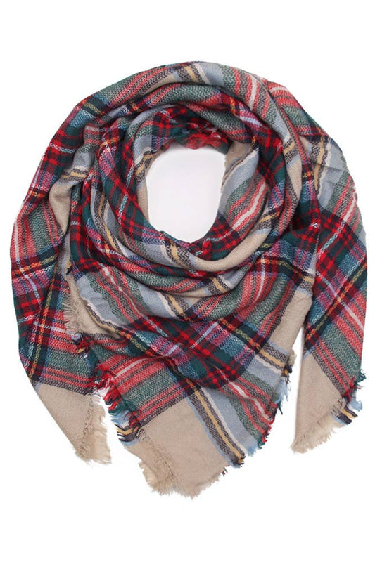 Beige Oversize Plaid Check Pattern Winter Scarf