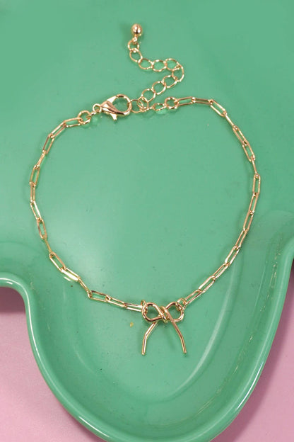 DELICATE BOW CHARM DROP LINK CHAIN BRACELET |GOLD