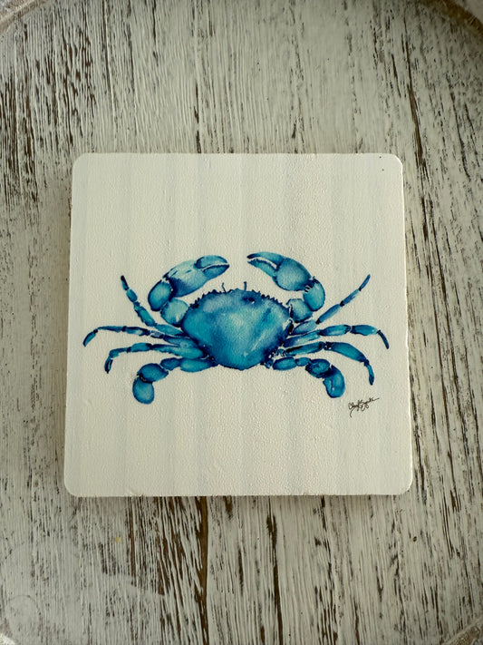 Blue Crab (on white) Wooden Coaster by Cheryl Zapata Art