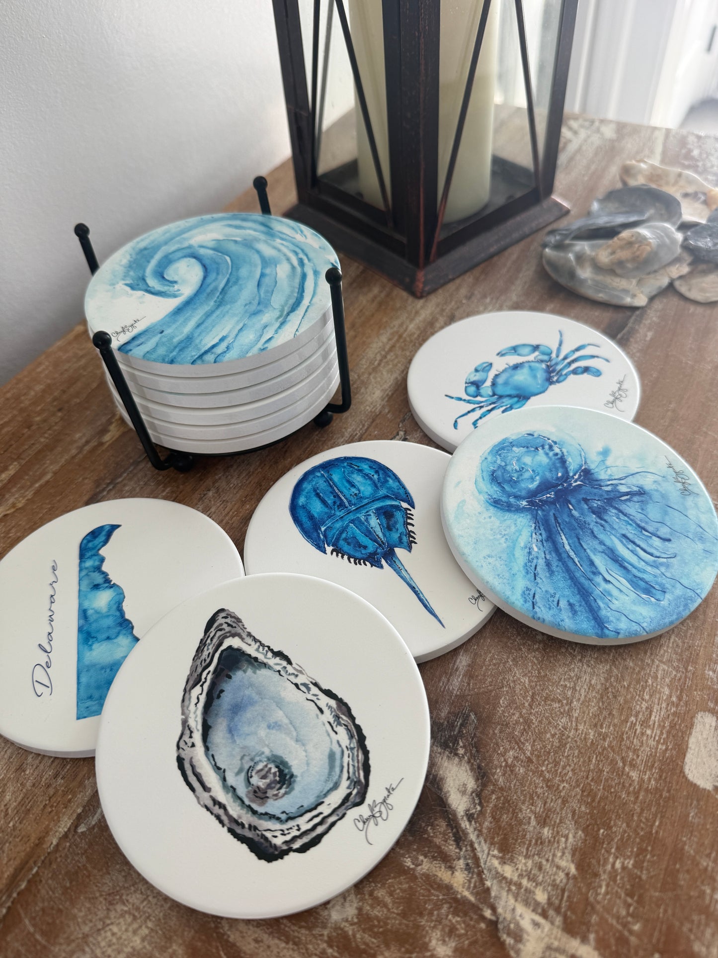 S/6 Round Ceramic Coasters in Caddy by Cheryl Zapata Art