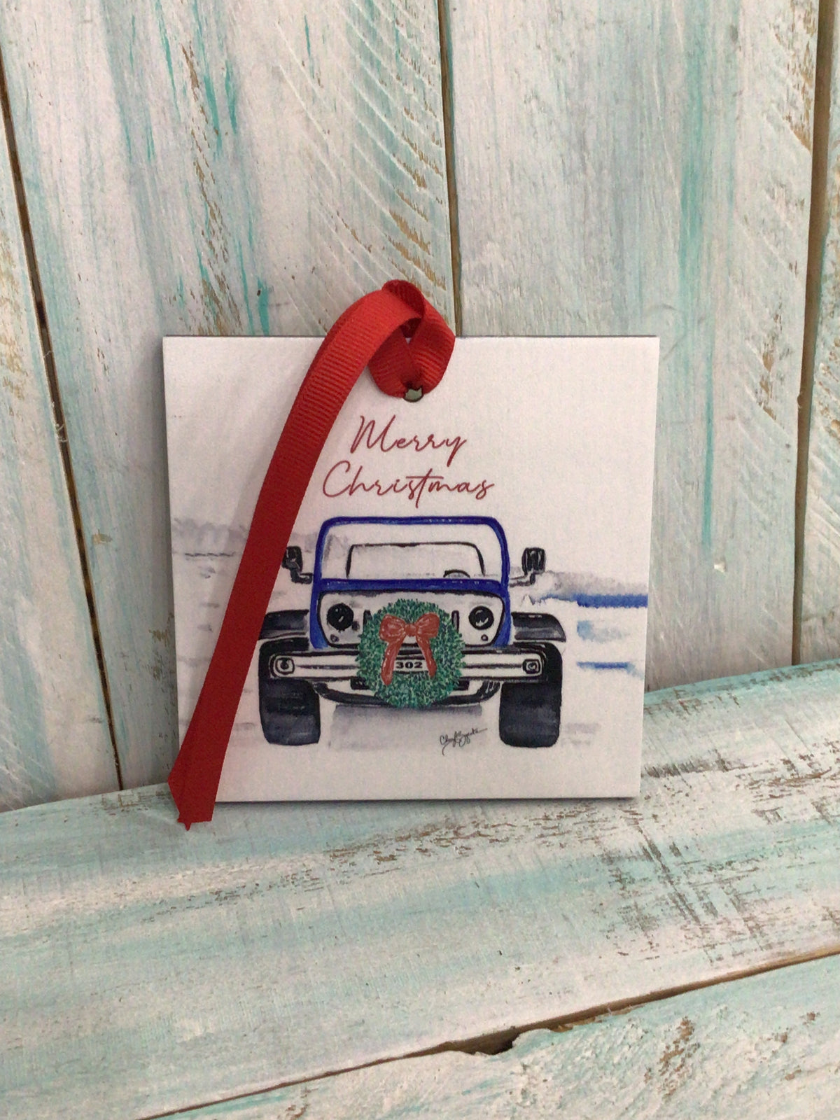 302 Jeep Wreath Wood Ornament