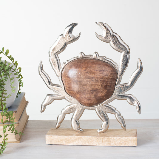 9" Silver & Wood Crab on Wood Base