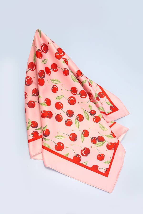 Pink Cherry Print Silky Feel Bandana Scarf