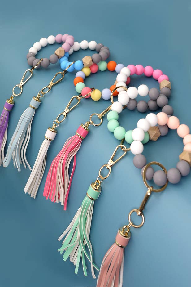 Peachy Pink Silicone Bead Bracelet Key Holder w/Tassel