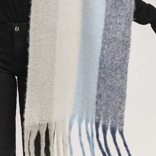 Blue Solid Brushed Color Stripe Block Fringe Scarf