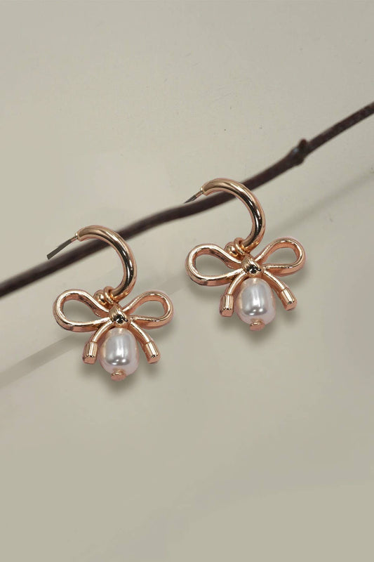 Gold Bow Pearl Drop Mini Hoop Earrings