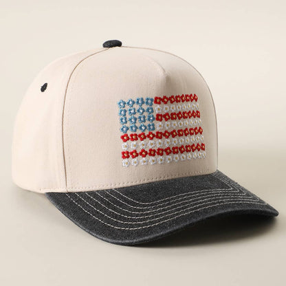 Blk. Denim Floral American Flag Embroidered Two-Tone Denim Trucker Hat ONE SIZE
