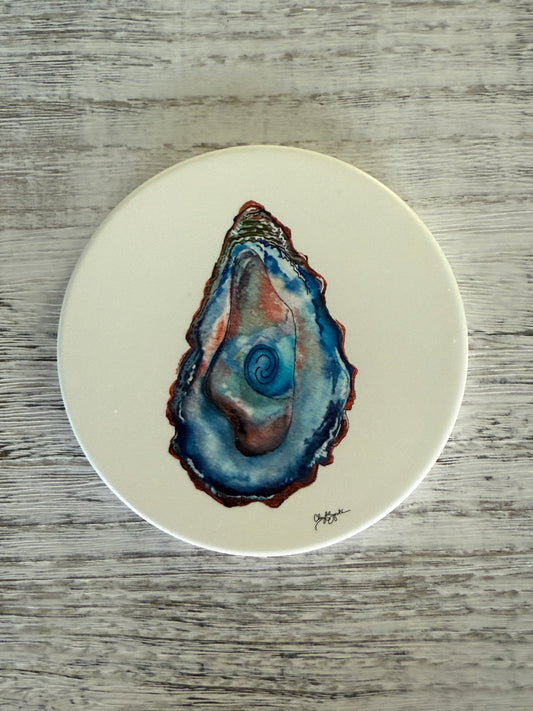 Tidewater Keeper Oyster Round Ceramic Coaster by Cheryl Zapata Art