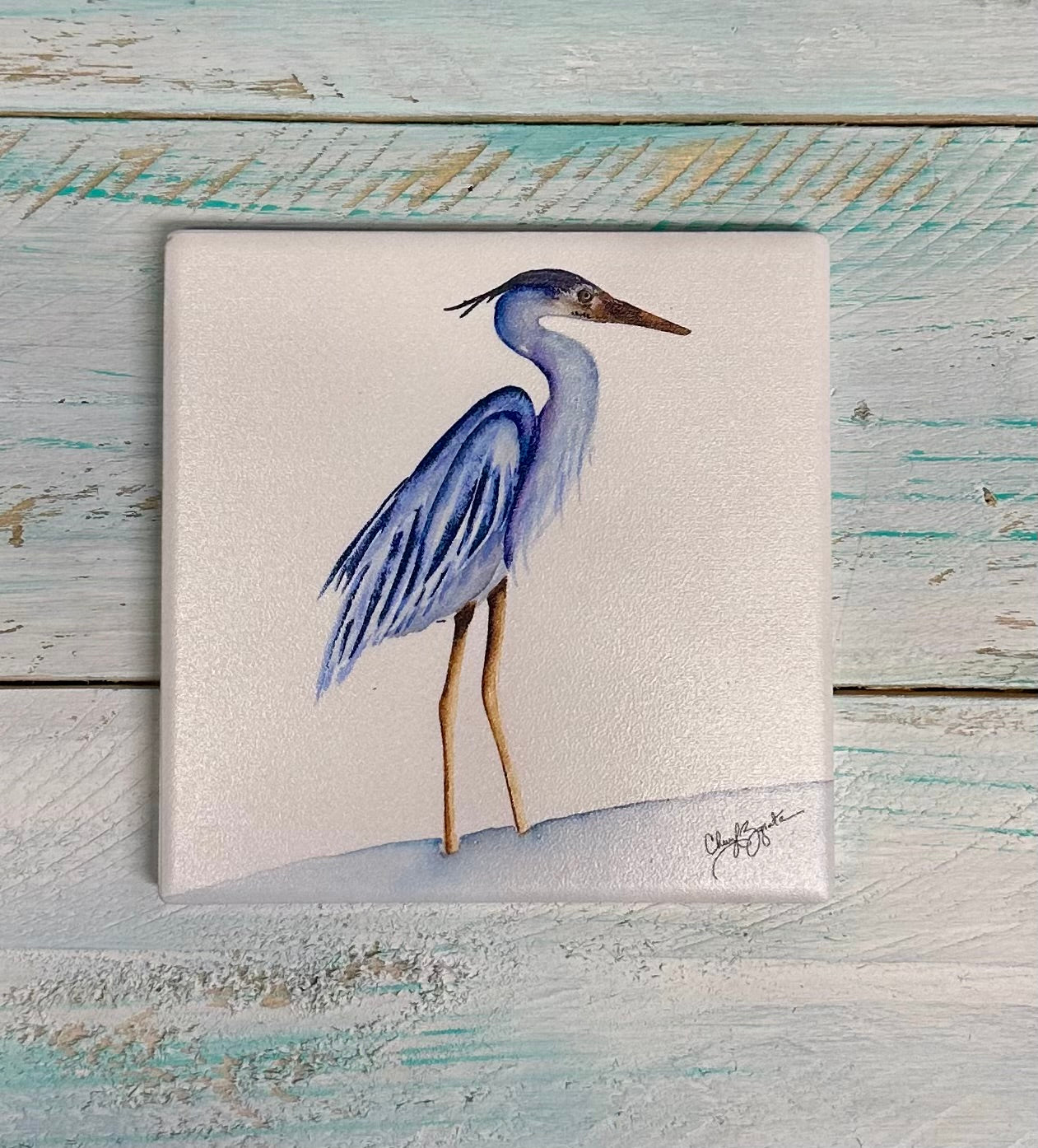 Beth Heron Square Ceramic Coaster by Cheryl Zapata Art