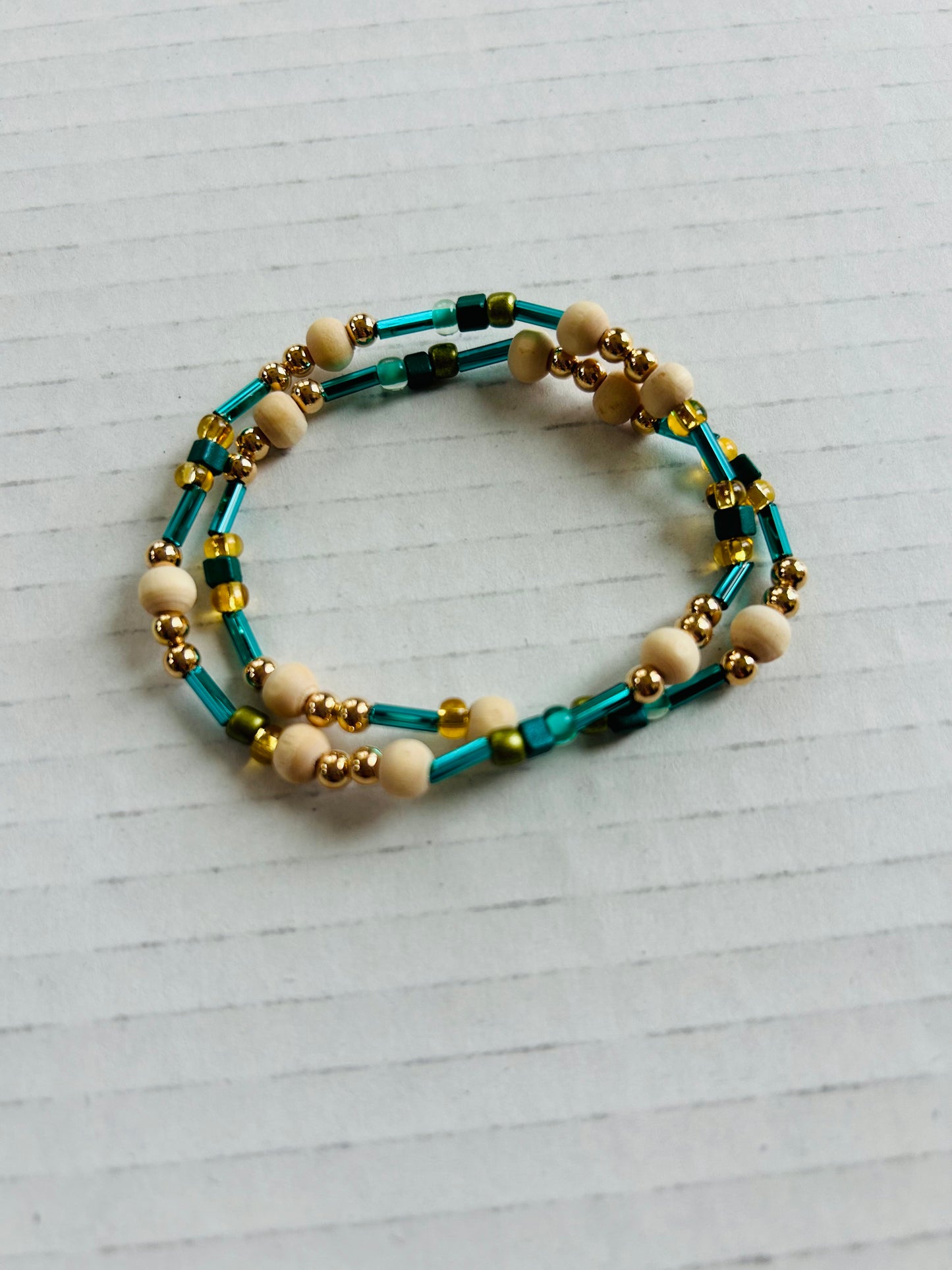 Teal Shimmer Elongated Beads Bracelet w/Natural Beads and Gold Accents