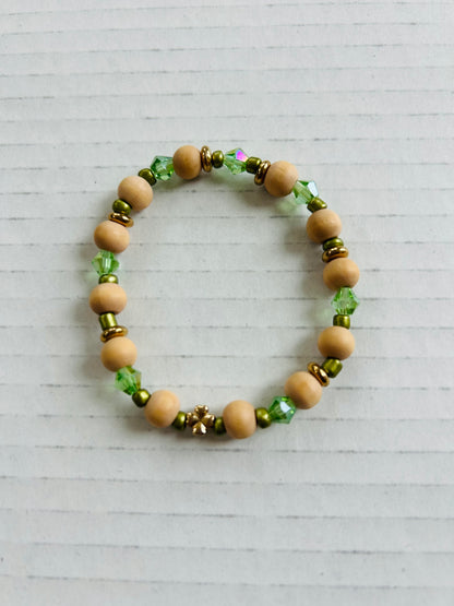 Natural Wood Bead/Green Bracelet w/ Gold Shamrock and Gold Accents