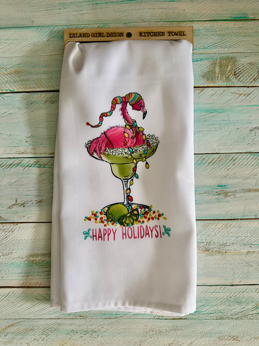 Flamingo Margarita, Happy Holidays Dishtowel