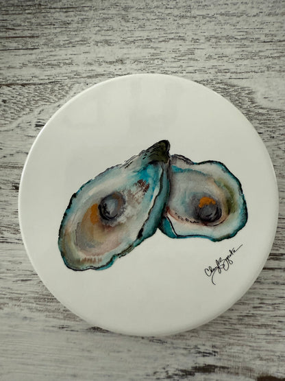 Teal Oysters Round Coaster by Cheryl Zapata Art