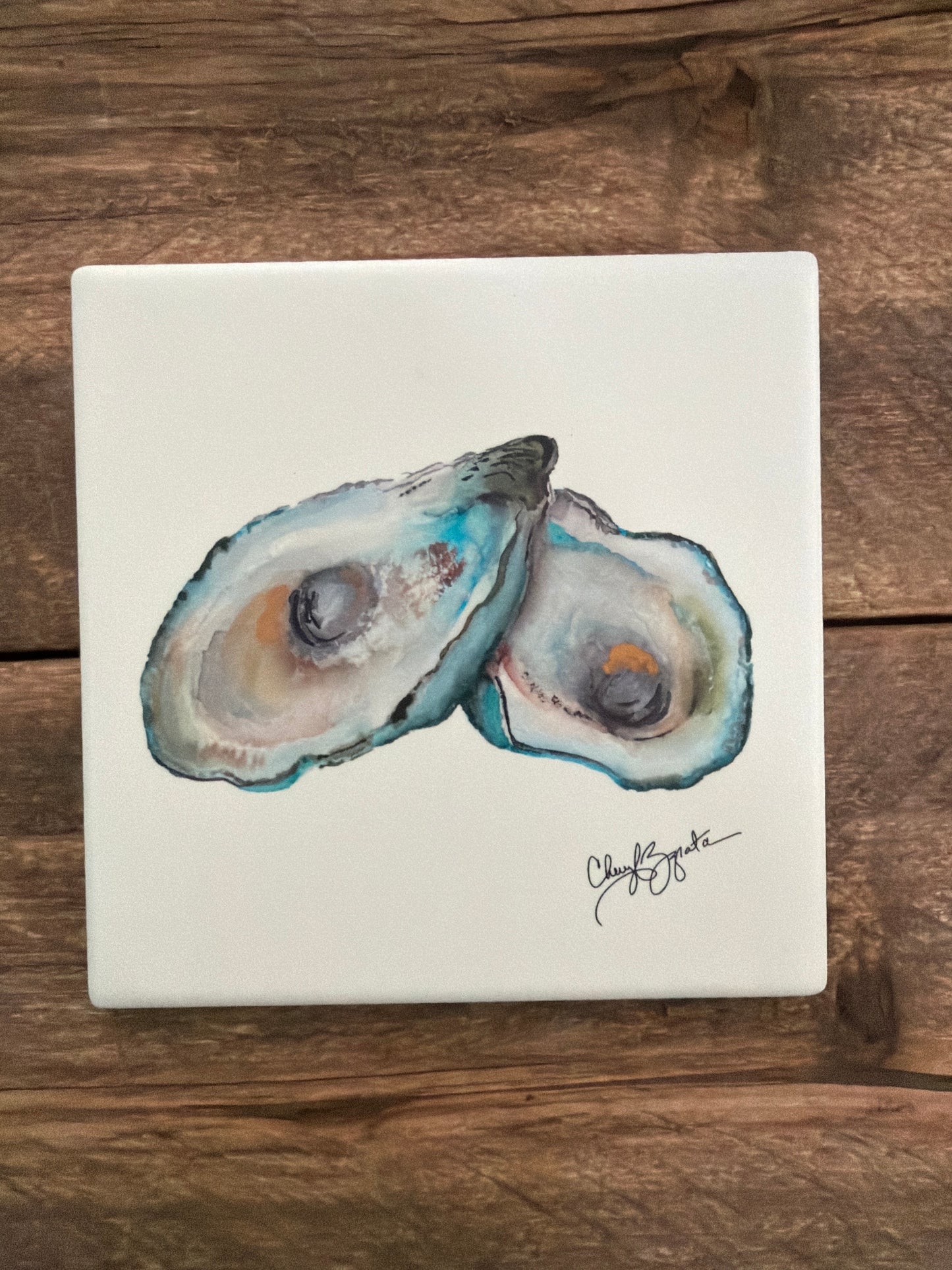 Marguerite Oyster Square Ceramic Coaster by Cheryl Zapata Art