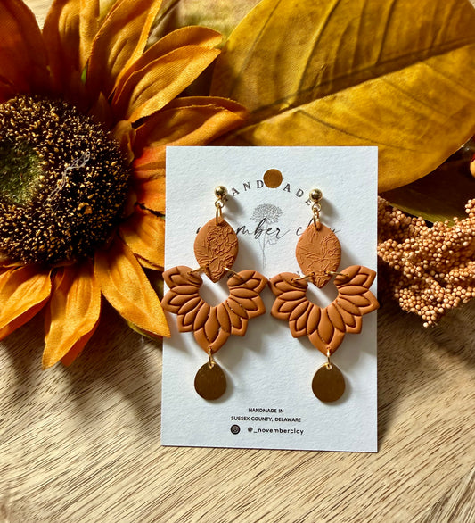 Burnt Orange Petal Shape w/Gold Tear Drop Dangle