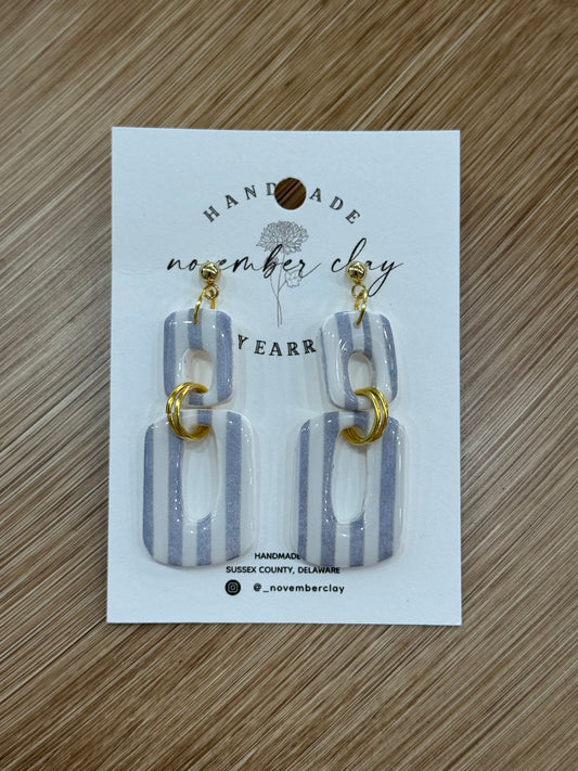 Blue & White Stripe Organic Rectangles w/Gold Ring Connectors