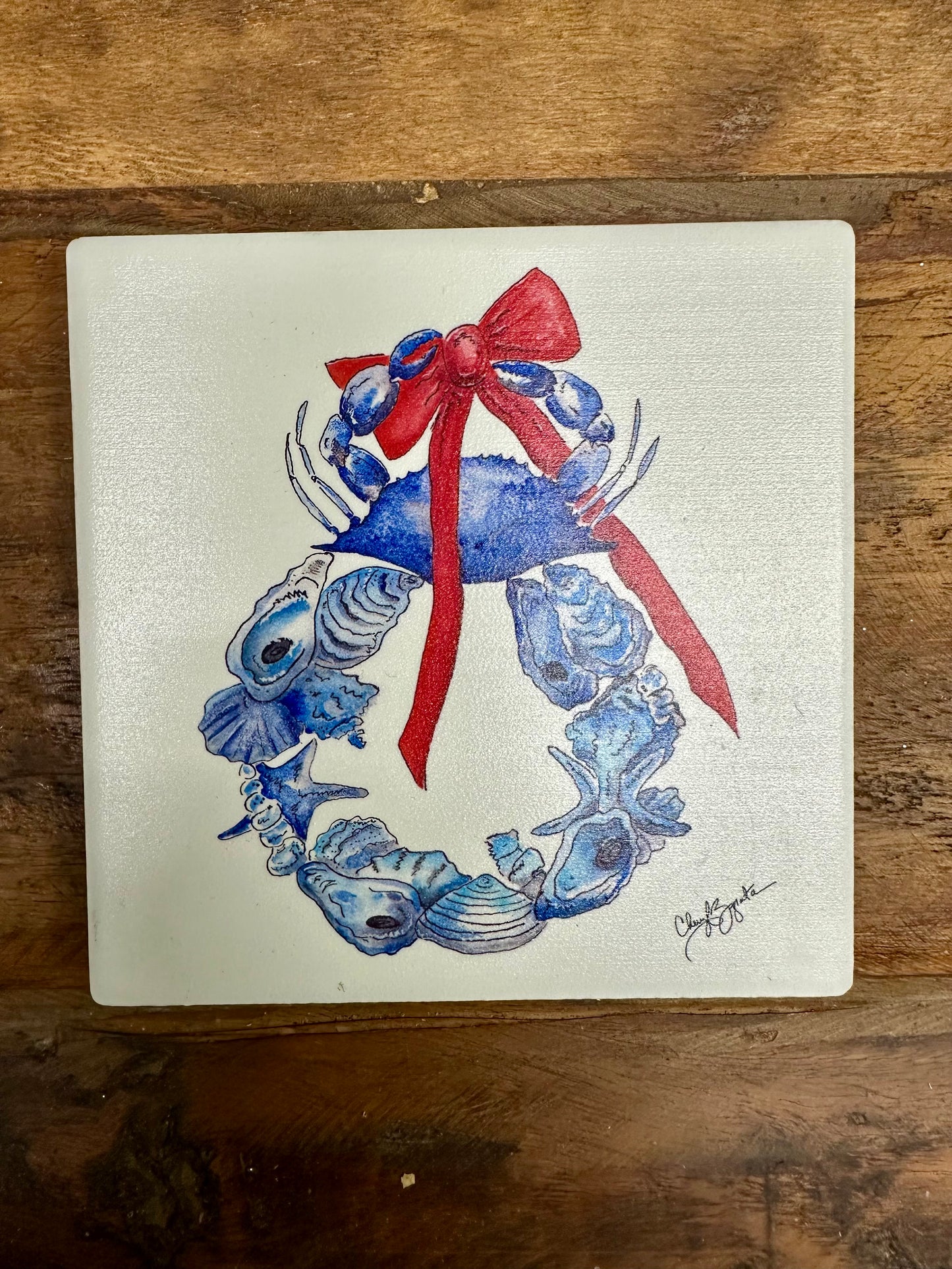 Bountiful Shell Wreath Square Ceramic Coaster by Cheryl Zapata Art