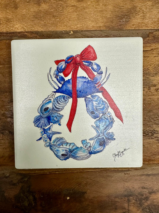 Bountiful Shell Wreath Square Ceramic Coaster by Cheryl Zapata Art