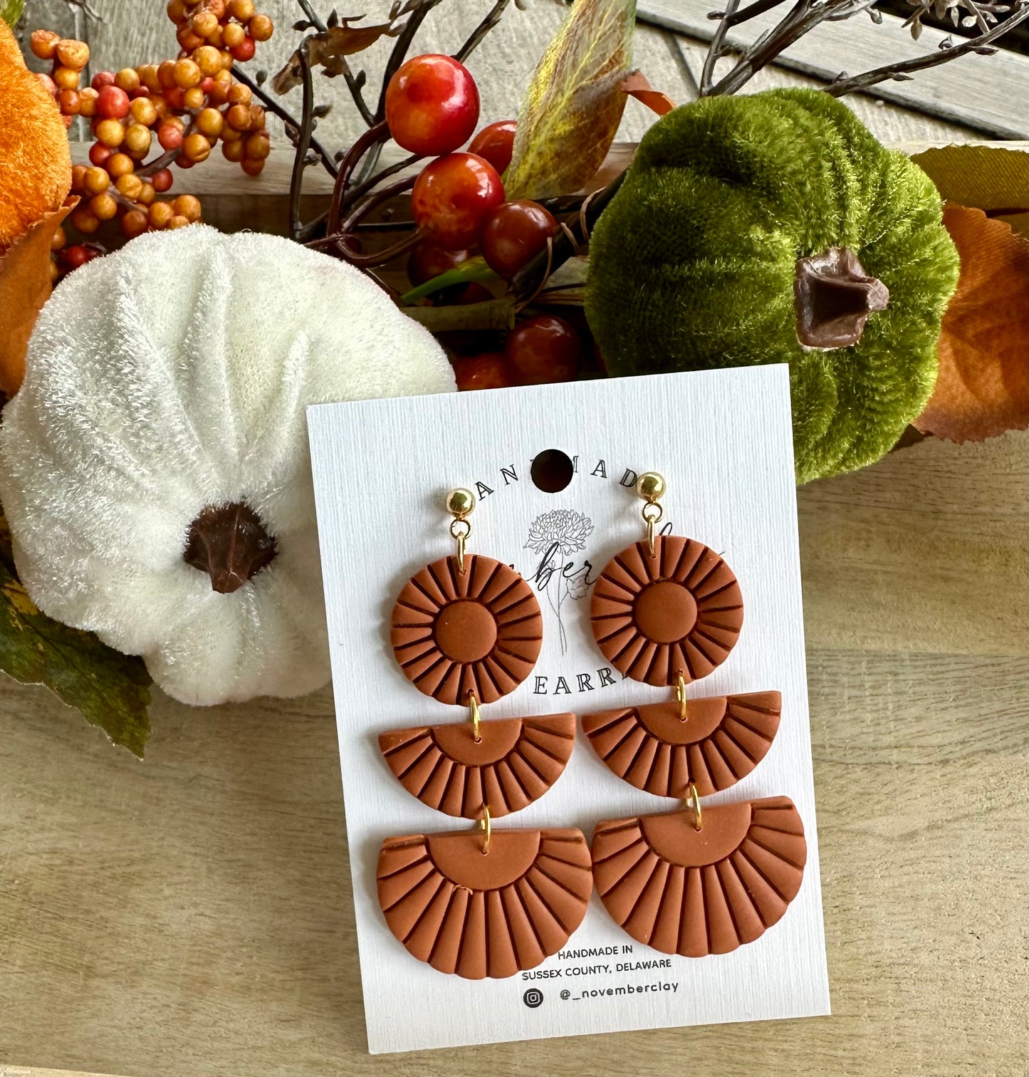 Burnt Orange Boho Circle & Half Circles 3 Tier Dangle