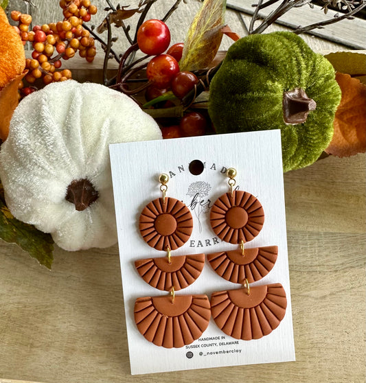 Burnt Orange Boho Circle & Half Circles 3 Tier Dangle