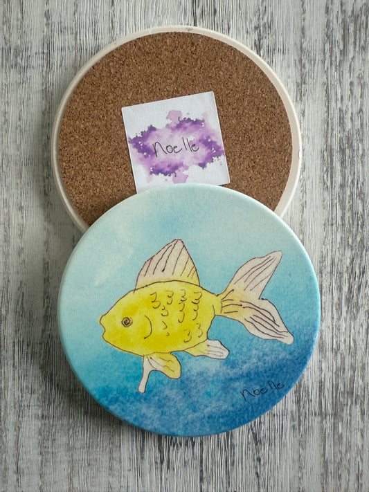Yellow Fish on Blue Wash Round Ceramic Coaster by Noelle
