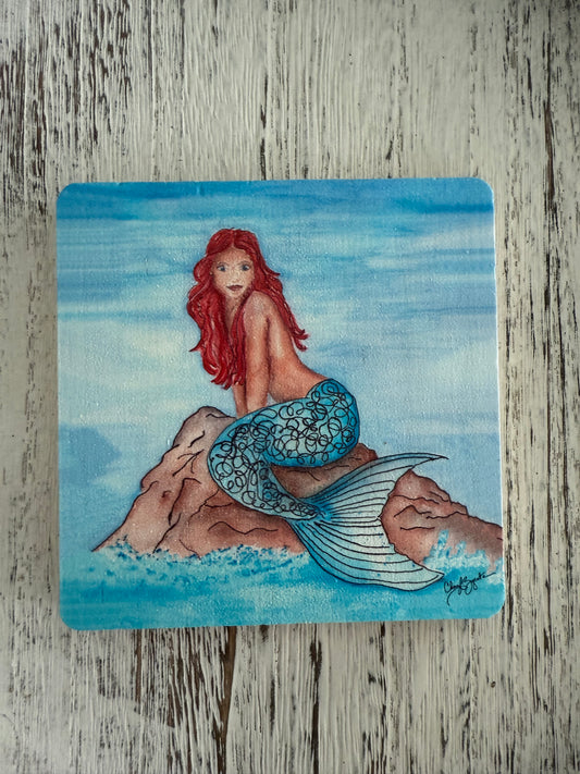Red Mermaid Wooden Coaster by Cheryl Zapata Art