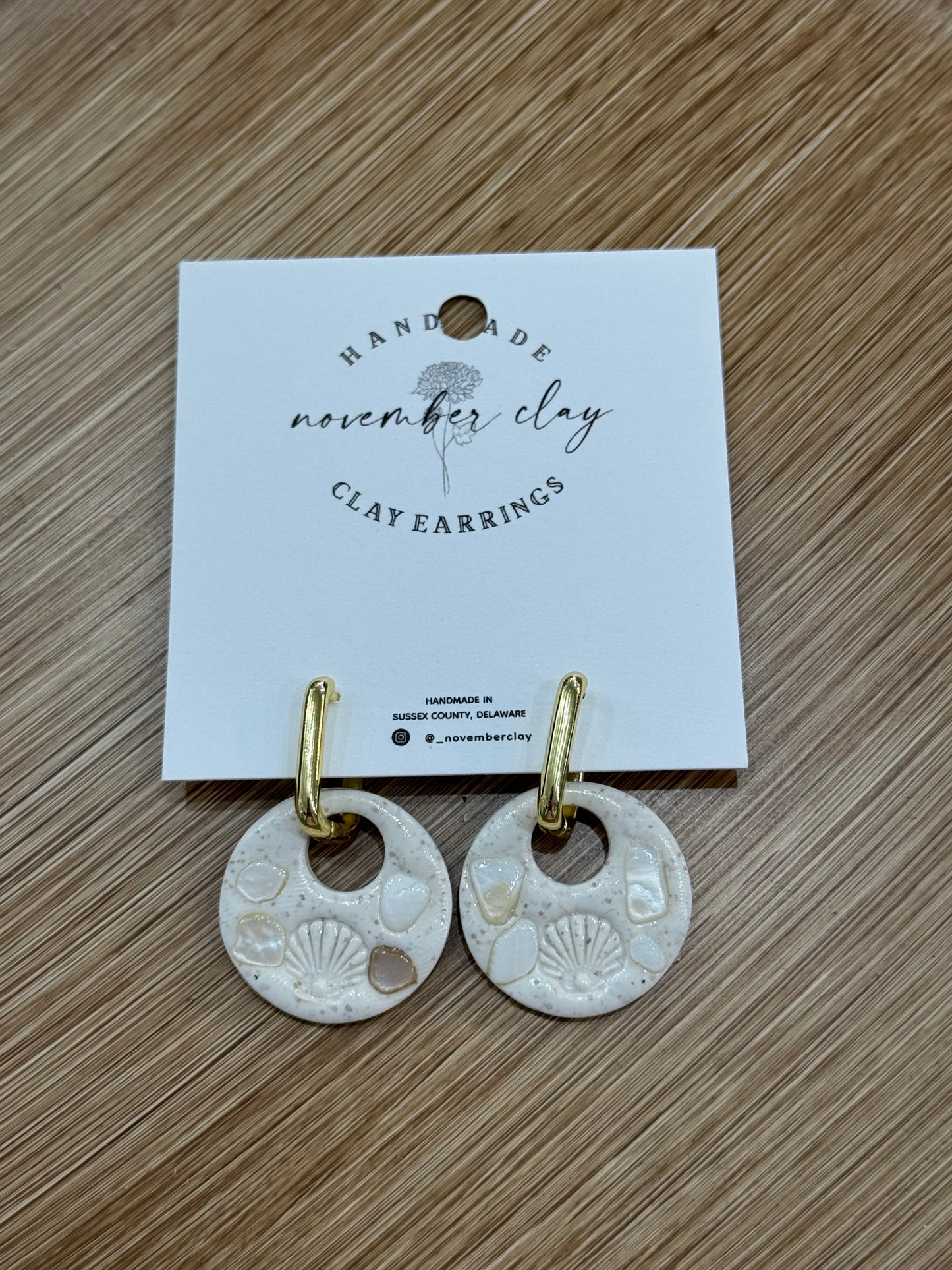 Round Shell Imprint w/Shells on Gold Huggie Hoop