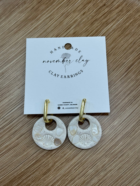 Round Shell Imprint w/Shells on Gold Huggie Hoop
