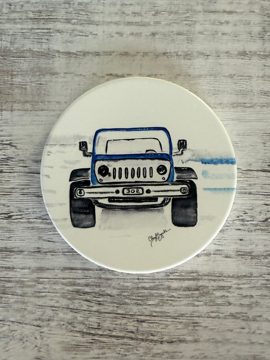 302 Jeep Round Ceramic Coaster by Cheryl Zapata Art