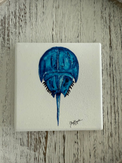 Horseshoe Crab Square Ceramic Coaster by Cheryl Zapata Art