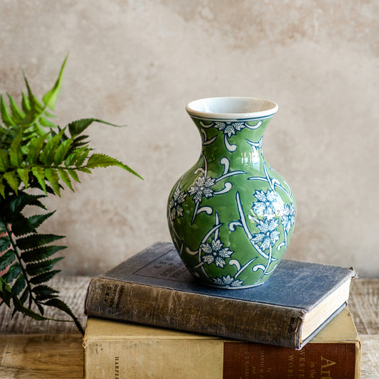 6" GR/BL FLORAL BUD VASE