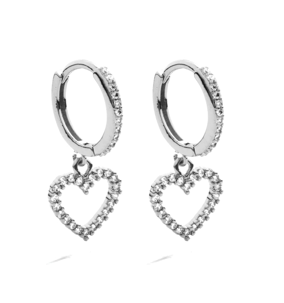 Silver Heart Pave Huggie Earrings
