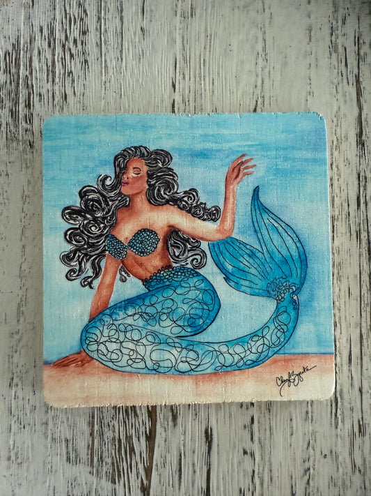 Diva Mermaid Wooden Coaster by Cheryl Zapata Art