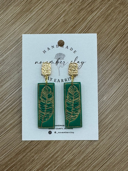 Teal Green w/Gold Palm Print and Rounded Rectangle Gold Post