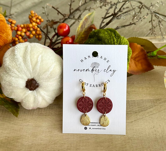 Burgundy Boho Circle Huggie w/Gold Tear Drop Charm