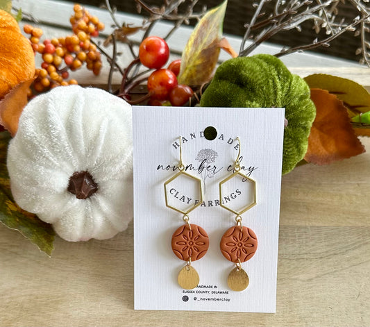 Burnt Orange Boho Circle w/ Gold Hexagon & Gold Tear Drop Charm