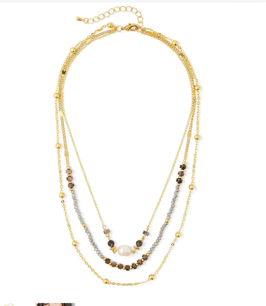 Triple Layer Necklace w/ Pearl & Grey Stones; 2 Stones & Grey Crystals; Beaded accent chain, Gold