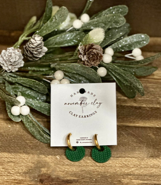 Green Sweater Pattern Stamped Circle on Gold Circle Huggie