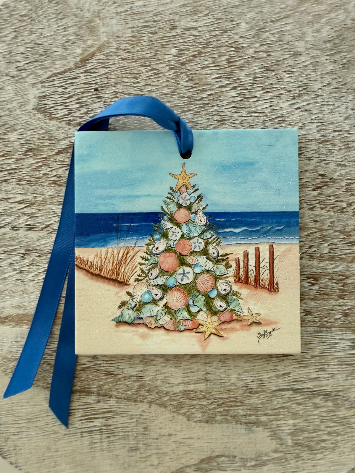 Square 4x4 Shell Tree Wood Ornament, Art by Cheryl Zapata