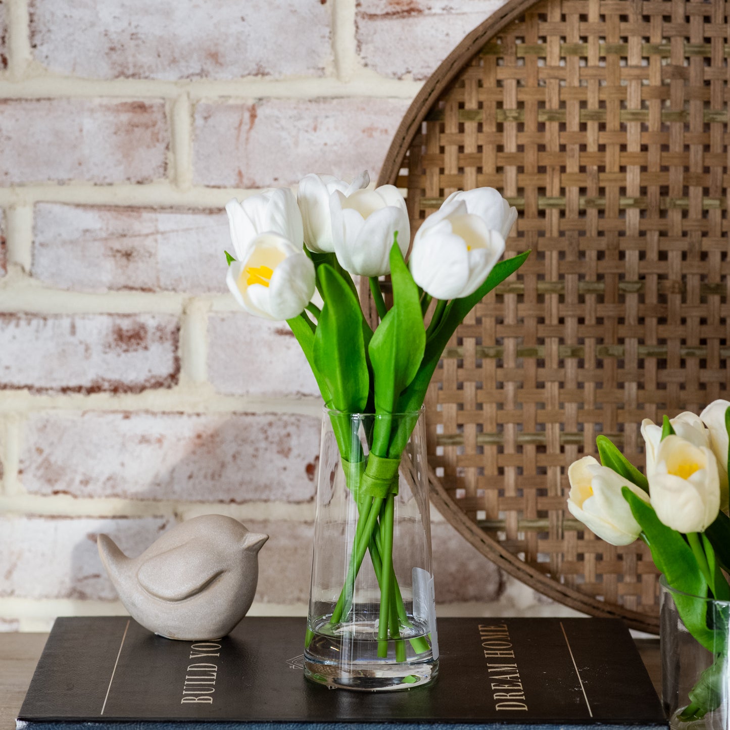 Faux White Tulips in Shinny Glass Vase