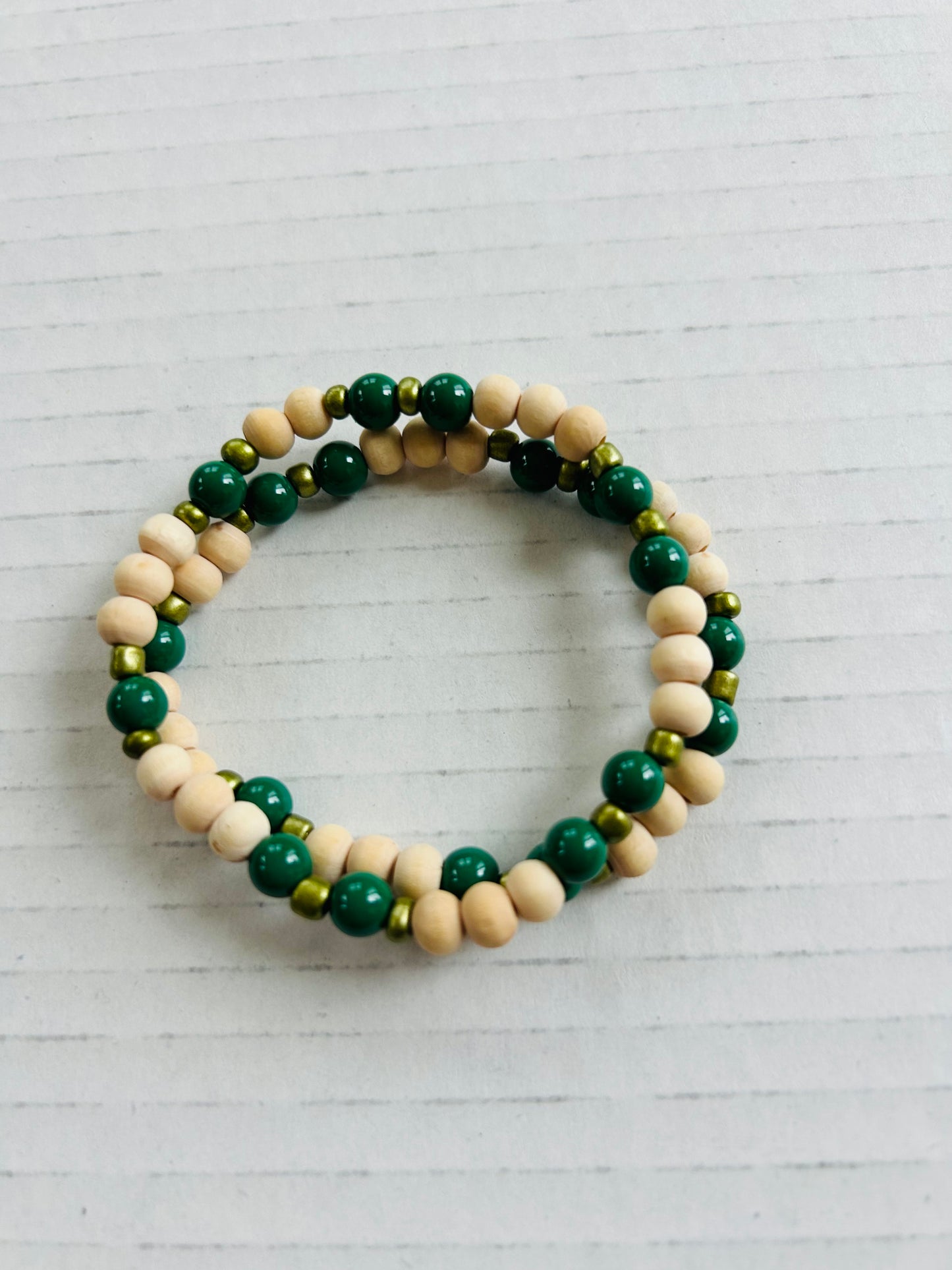 Natural Wood/Green Bead Bracelet w/Gold Accents