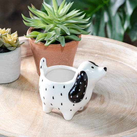 4.9" White Spotted Dog Planter