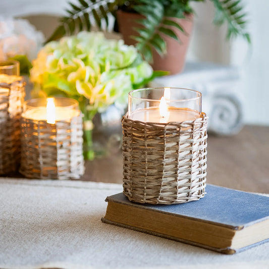4" W. X 5" H. LED GLASS/WICKER CANDLE